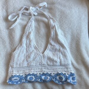 Hollister White and Blue Crochet Crop Top